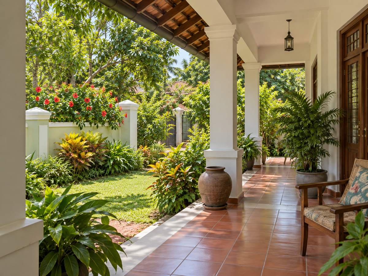Suburban Gampaha bungalow with a clay-tile roof, garden wall and a sunlit veranda, late morning